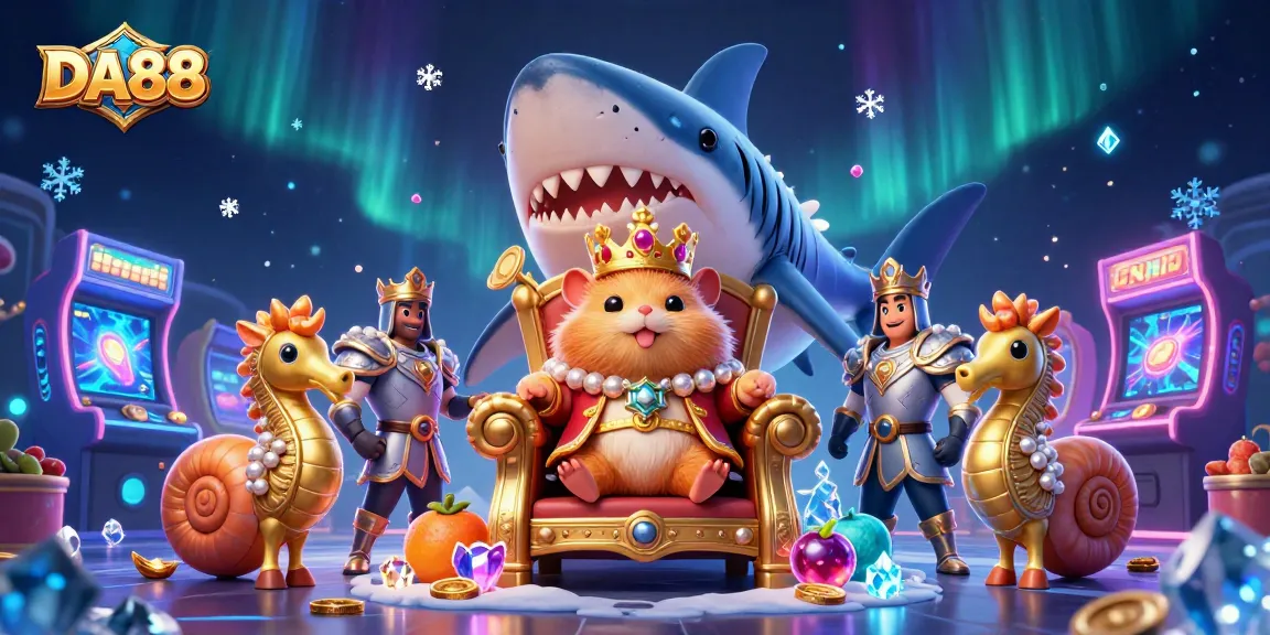 Experience the thrill of DA88 with golden hamster king in vibrant slot game scene.