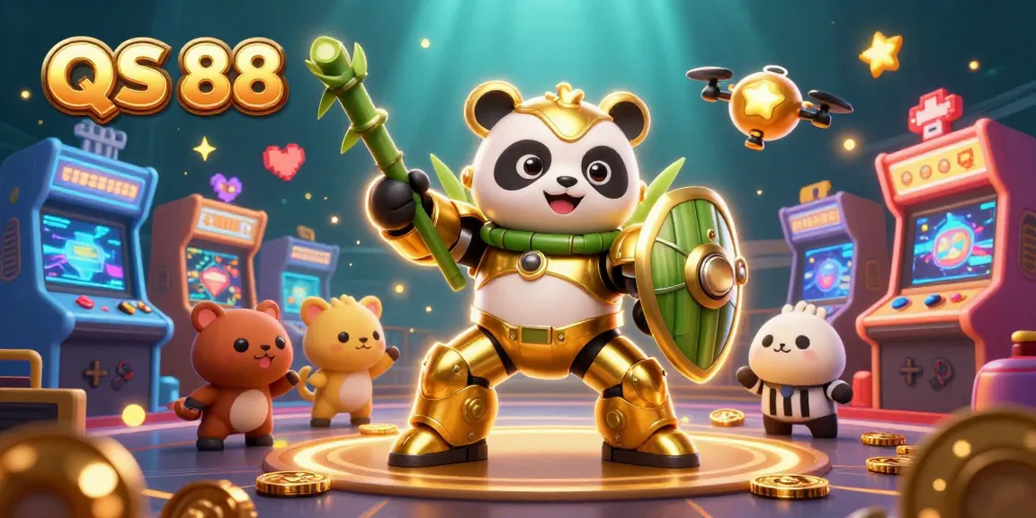 Engage in thrilling gameplay at QS 88 with a cartoon golden panda in a vibrant casino arena.
