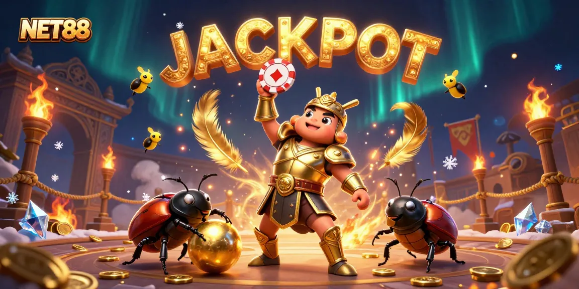 Spin and win with NET88 as a victorious beetle celebrates a poker win in a bustling casino scene.