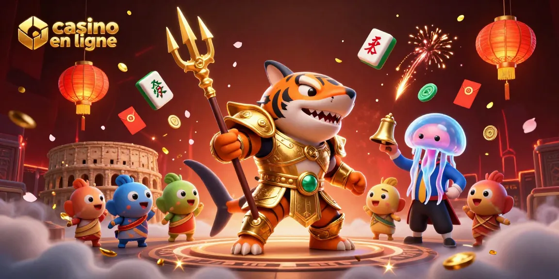 Jouez à casino en ligne avec ce design captivant illustrant un tigre requin en armure au cœur d'un colisée sous-marin.