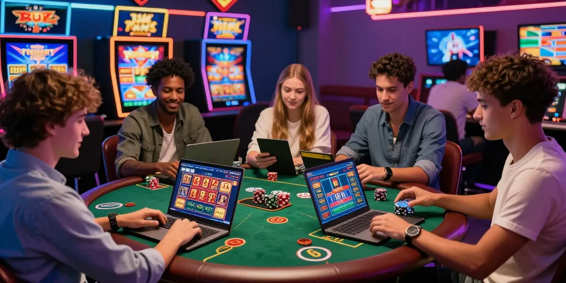 Groupe d'amis jouant à des jeux de casino en ligne, ambiance festive et dynamique, casino en ligne convivial.