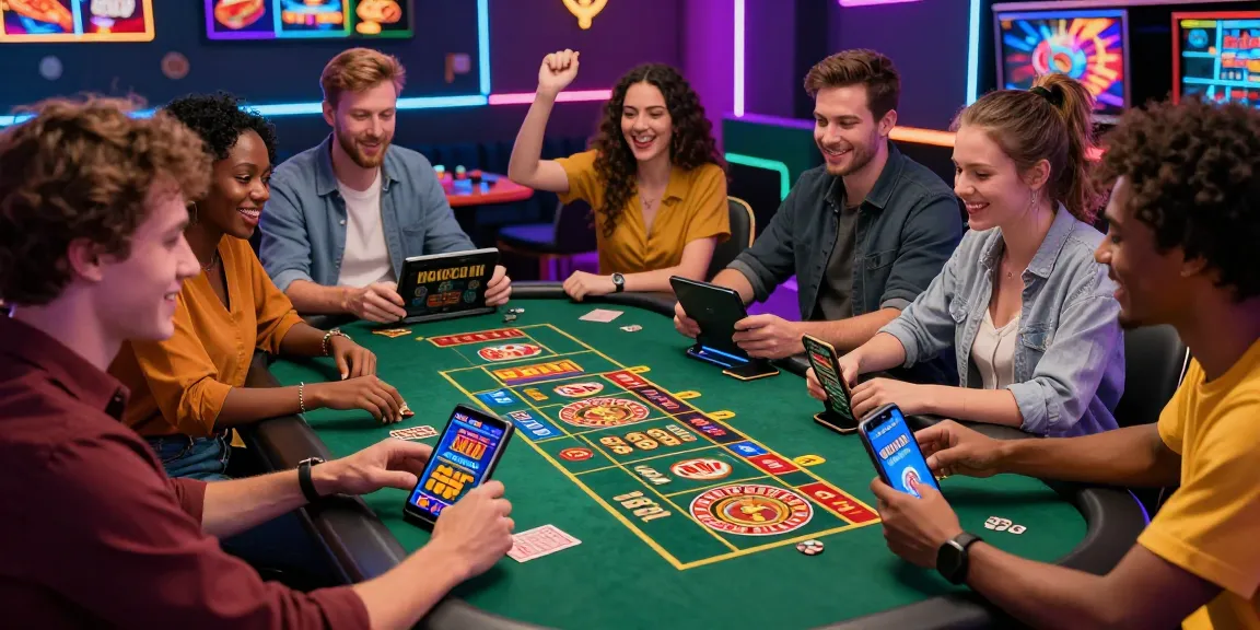 Scène de casino en ligne avec des amis jouant à des jeux, ambiance festive et lumineuse, mettant en avant le casino en ligne.