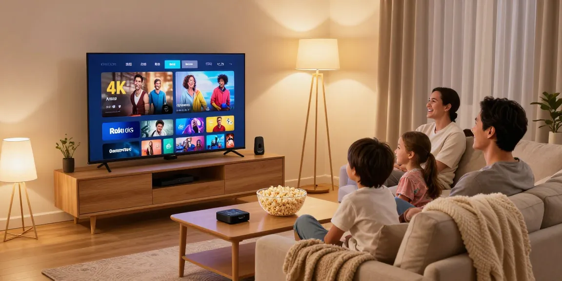 Famille profitant d'une soirée cinéma avec abonnement IPTV en 4K, ambiance chaleureuse et joyeuse.