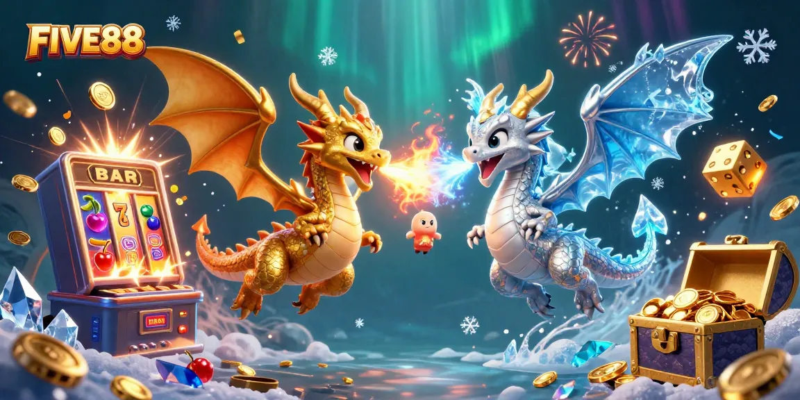 Experience the excitement of FIVE88 with animated dragons and dazzling casino elements.