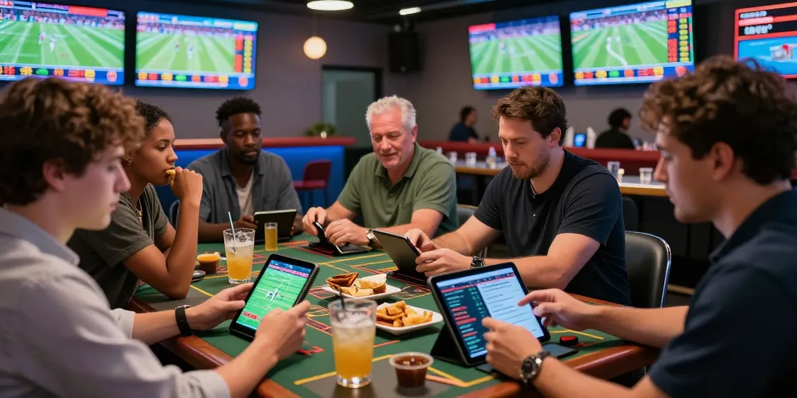 Scène de paris sportifs avec des parieurs utilisant des bookmakers sans limite de mise, ambiance dynamique et excitante.