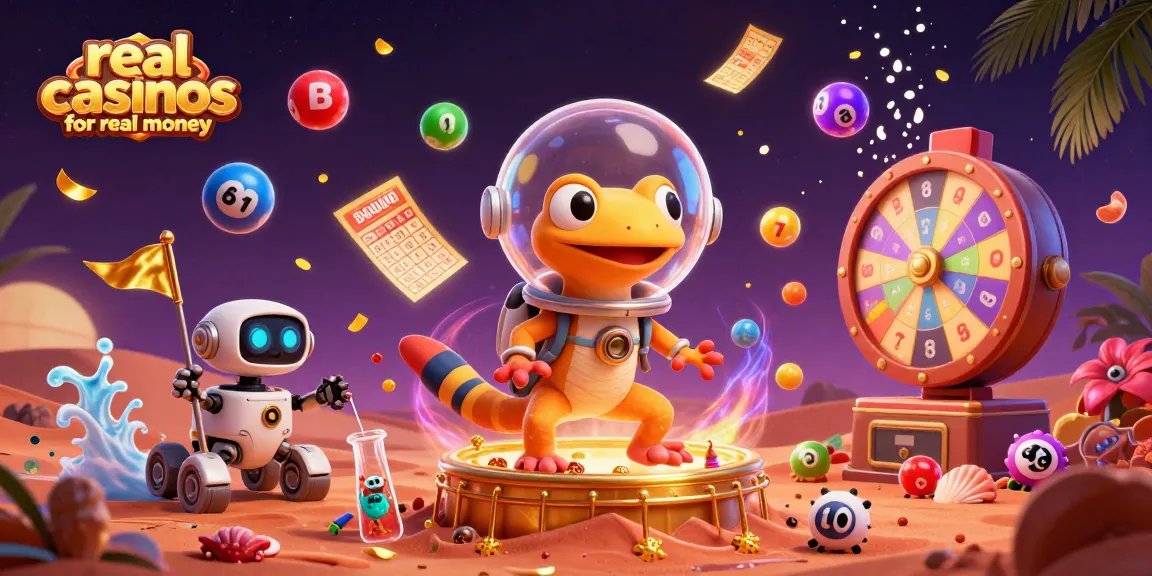 Experience real casinos for real money in a vibrant Martian casino scene with animated characters and dynamic gaming elements.