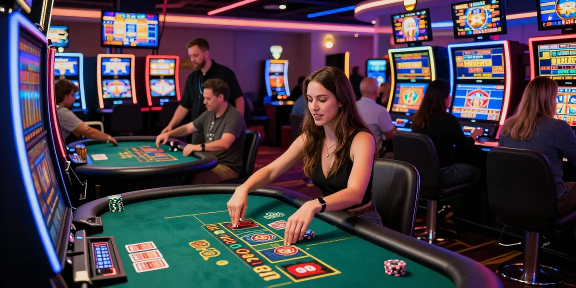 Scène dynamique d'un casino en ligne montrant des joueurs heureux à une table de jeux, mettant en valeur l'expérience de casino en ligne.