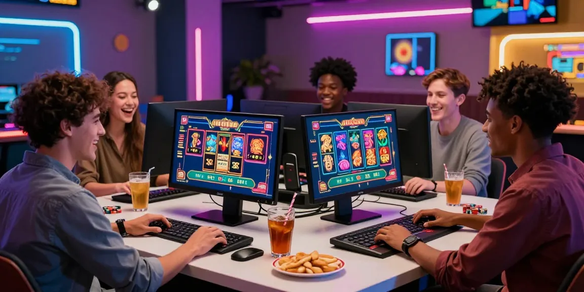 Groupe d'amis jouant à des jeux de casino en ligne, ambiance dynamique et festive.