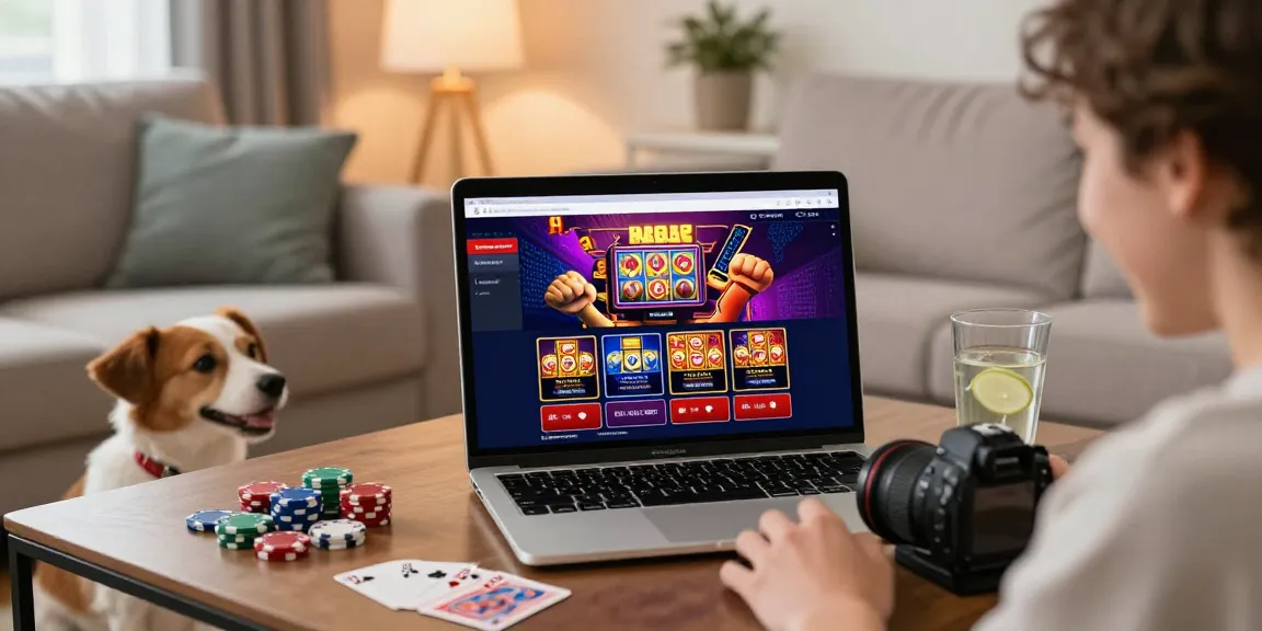 Une expérience de casino en ligne France légal, avec un utilisateur engagé sur un ordinateur portable dans un cadre confortable, accessoire de jeu en arrière-plan.