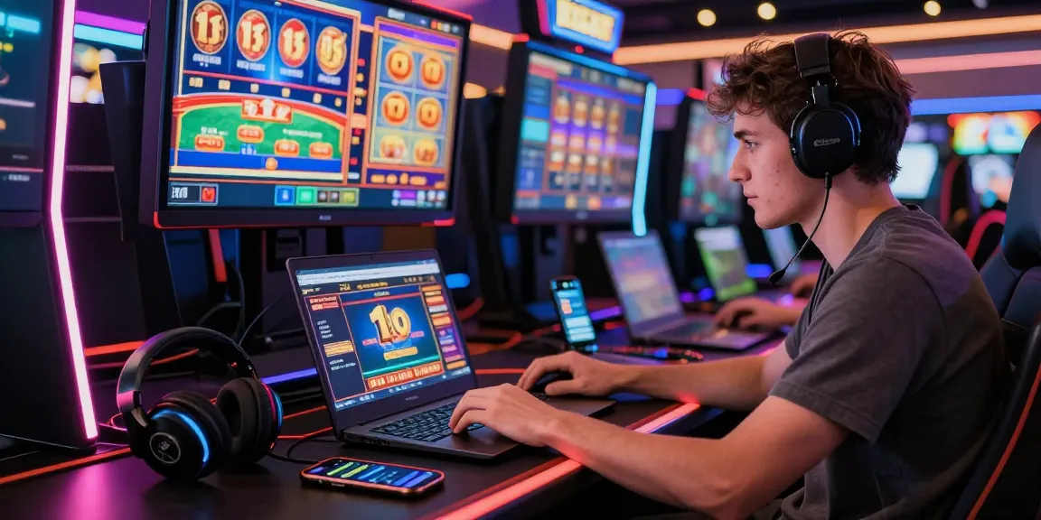 Un joueur engagé sur un casino en ligne, entouré d'écrans colorés et d'accessoires de jeu.