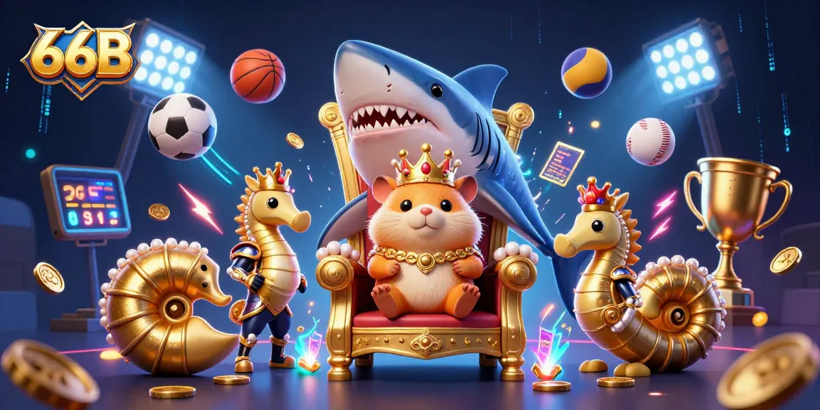Place bets and win at the 66B casino, featuring vibrant gaming characters amidst dynamic sports elements.