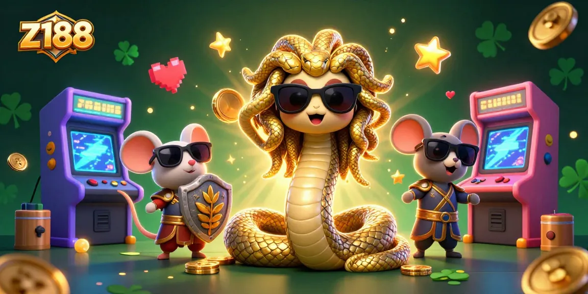 Engage with the vibrant z188 casino illustration featuring Medusa, game machines, and whimsical elements.