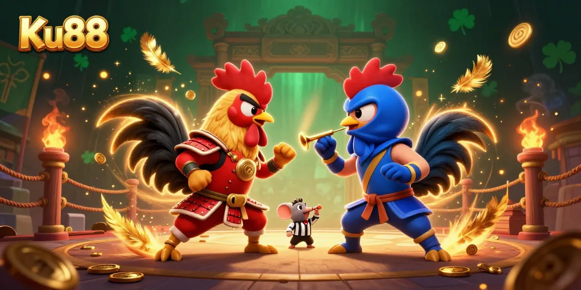 Engage with Ku88’s thrilling atmosphere featuring a showdown of roosters in a vibrant casino arena.