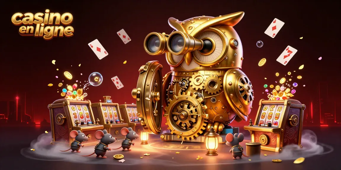 Casino en ligne avec une chouette dorée et des souris entre les machines à sous.
