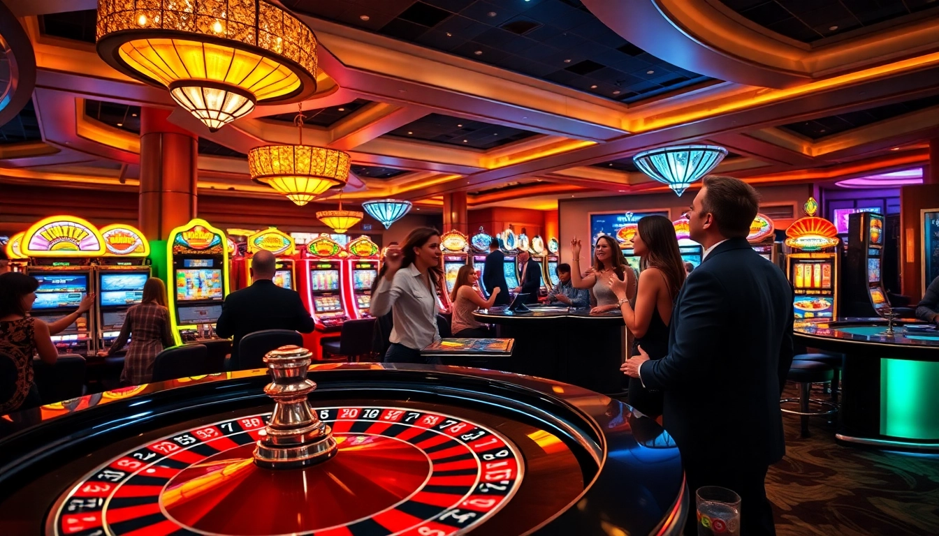 Vibrant atmosphere of a casino en ligne with players engaged at the roulette table.