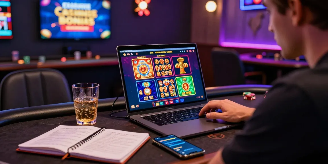 Expérience de casino en ligne captivante avec joueur concentré sur l'interface de jeu, ambiance lumineuse.