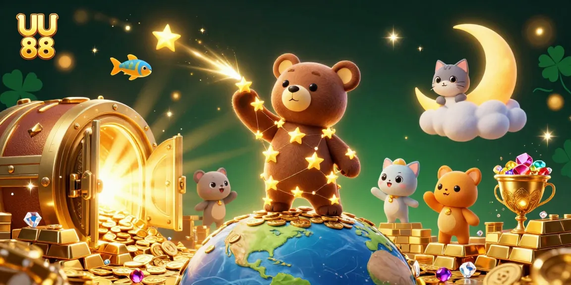 Spin big wins with UU 88 as a starry constellation bear collects coins under a vibrant night sky.