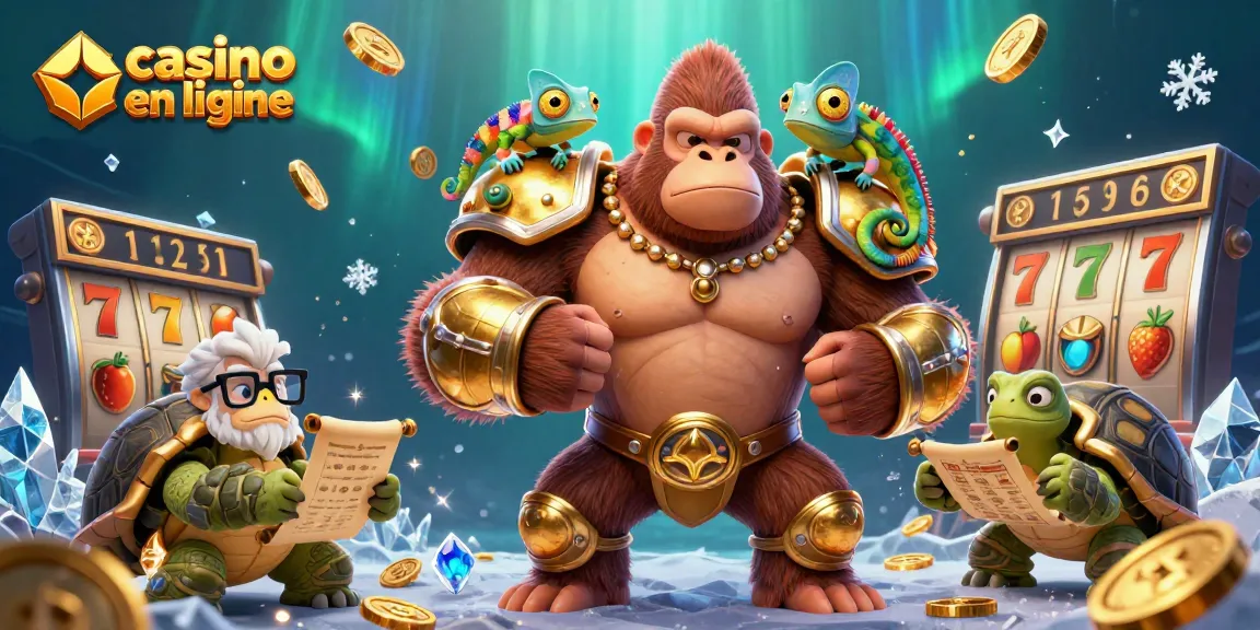 Création dynamique de casino en ligne avec roi gorille et éléments de jeux.