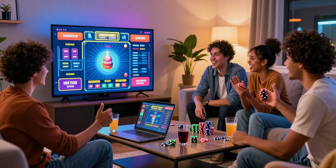 Groupe d'amis jouant sur un casino en ligne, ambiance festive avec des jetons et des boissons.