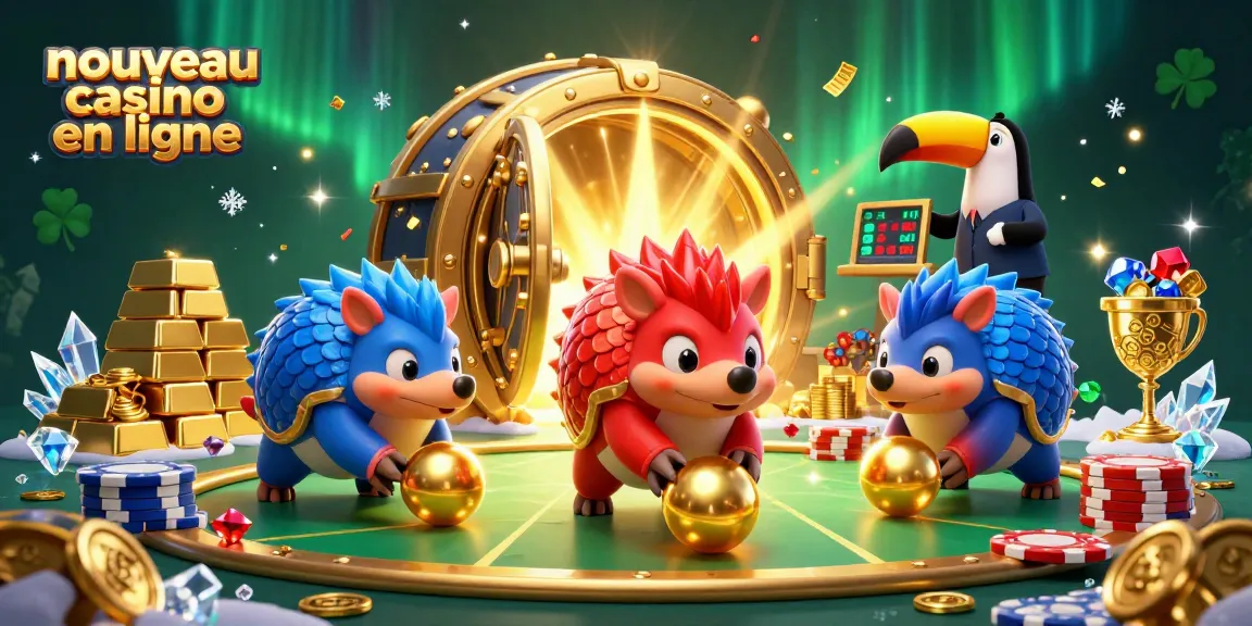 Illustration d'un nouveau casino en ligne avec des pangolins rivaux jouant, entourés de pièces d'or et de joyaux.