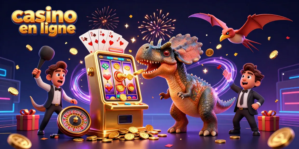Casino en ligne : un pachycephalosaurus déclenchant une machine à sous dorée pour un jackpot.