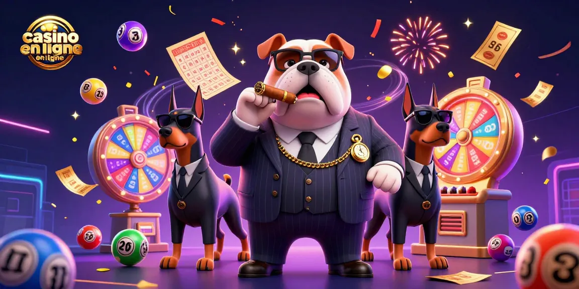 Illustration d'un nouveau casino en ligne avec un bulldog mafieux et des éléments de loterie dynamique.