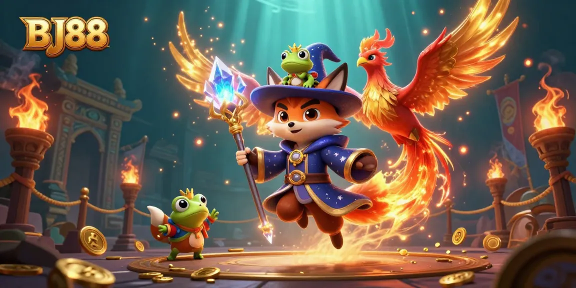 BJ88 captivates players with a mystical wizard fox, phoenix, and enchanted frog in a vibrant casino scene.