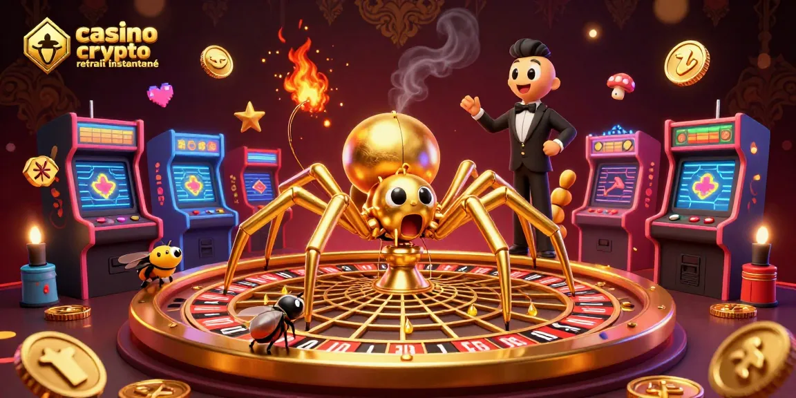 Casino crypto retrait instantané : illustrant une araignée dorée et un croupier sur un rouleau de roulette en 3D.