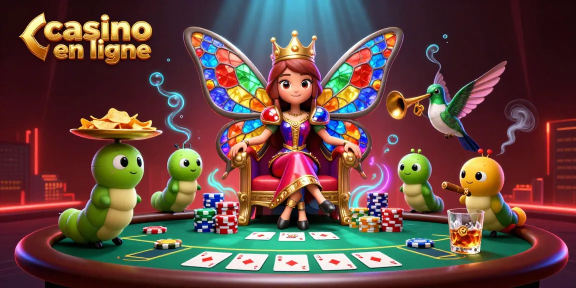 Jouer au casino en ligne avec une reine papillon et des jetons sous une atmosphère magique.