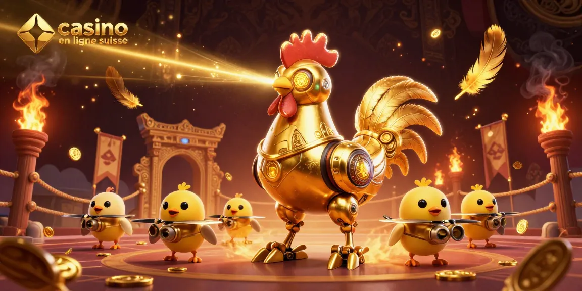 Illustration dynamique représentant le casino en ligne suisse avec un robot coq doré et des drones suivis de pièces d'or.