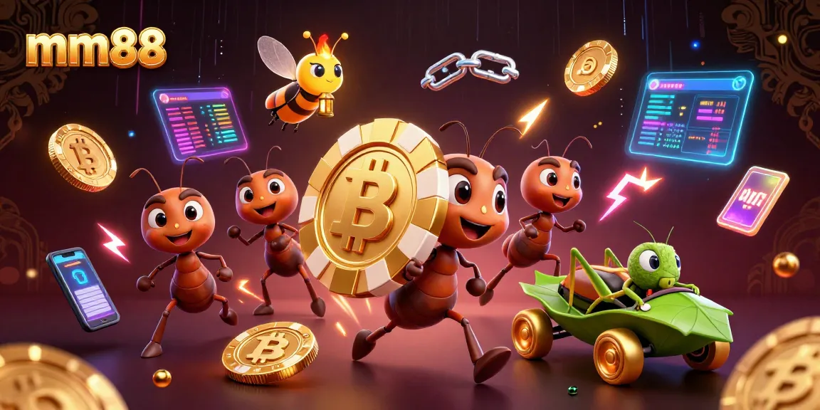 Experience thrilling gaming with mm88 as cartoon ants carry a giant poker chip amid vibrant crypto elements.