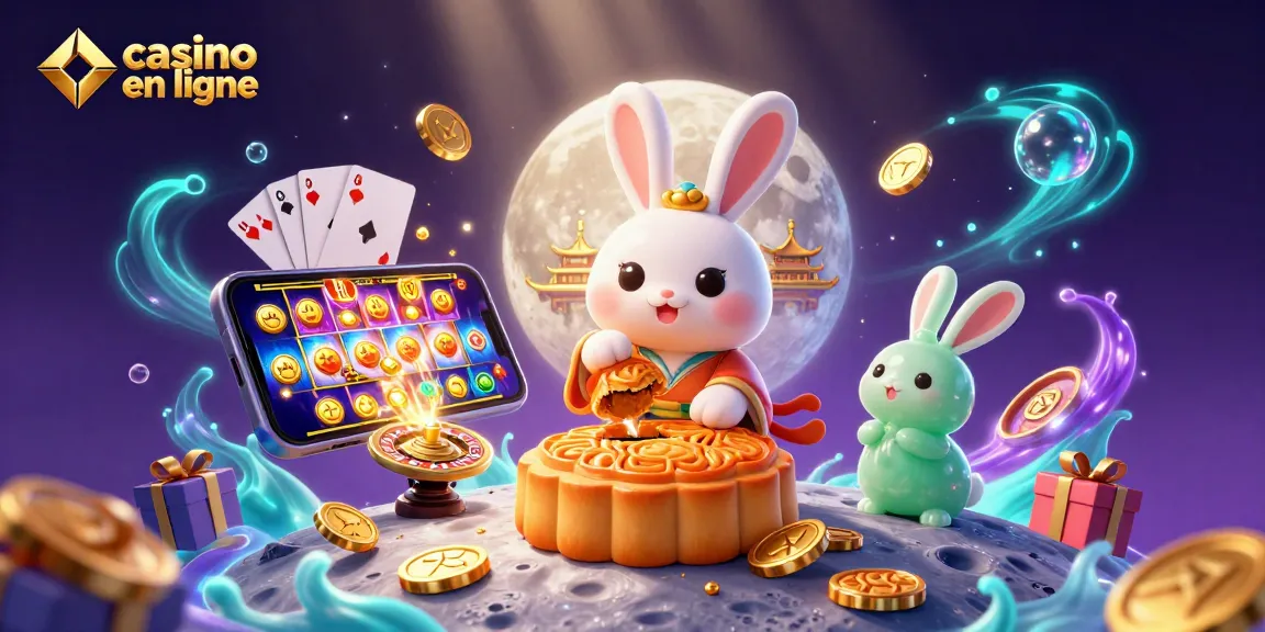 Casino en ligne : un lapin de la lune transformant des gâteaux en jetons de poker dans une ambiance festive
