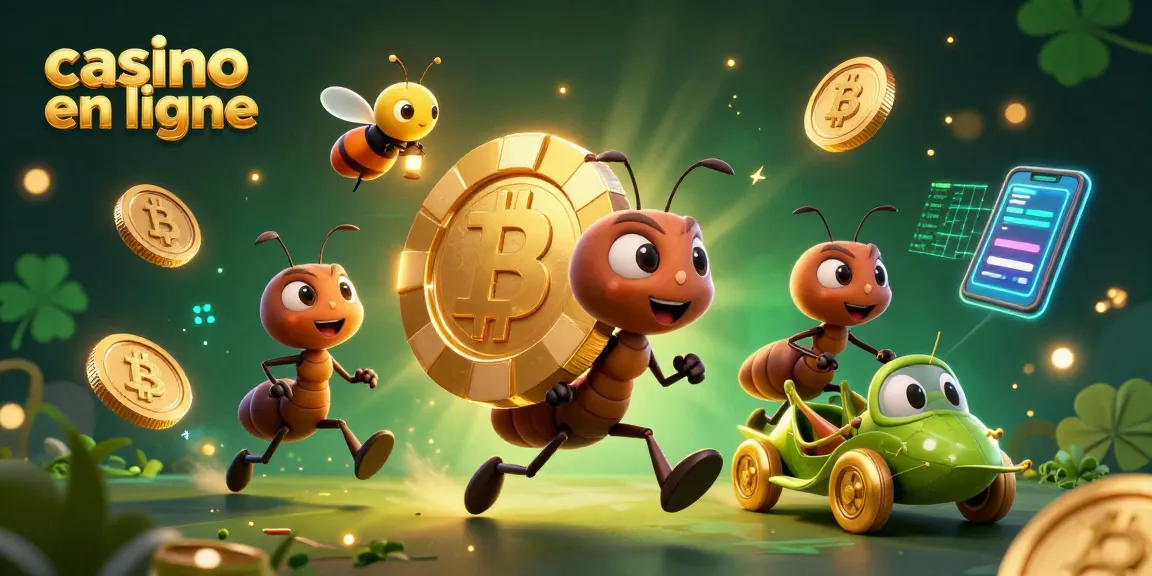Découvrez un casino en ligne où des fourmis volent une pièce de poker, entourées de pièces de crypto-monnaies.