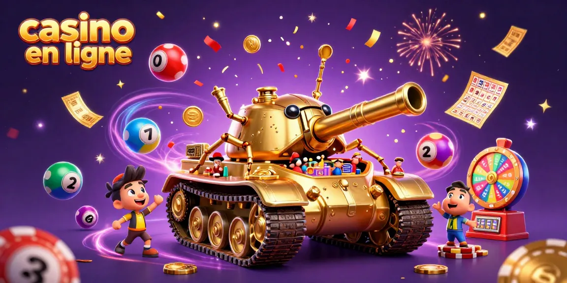 Jouez au casino en ligne avec un tank doré menant une fête ludique et colorée.