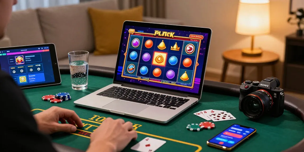 Joueur de casino en ligne concentré sur son ordinateur avec des jetons et des cartes de poker.