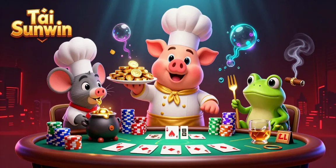 Tải Sunwin offers a lively poker scene featuring a chef pig, sous-chef mouse, and critic frog amidst vibrant casino elements.