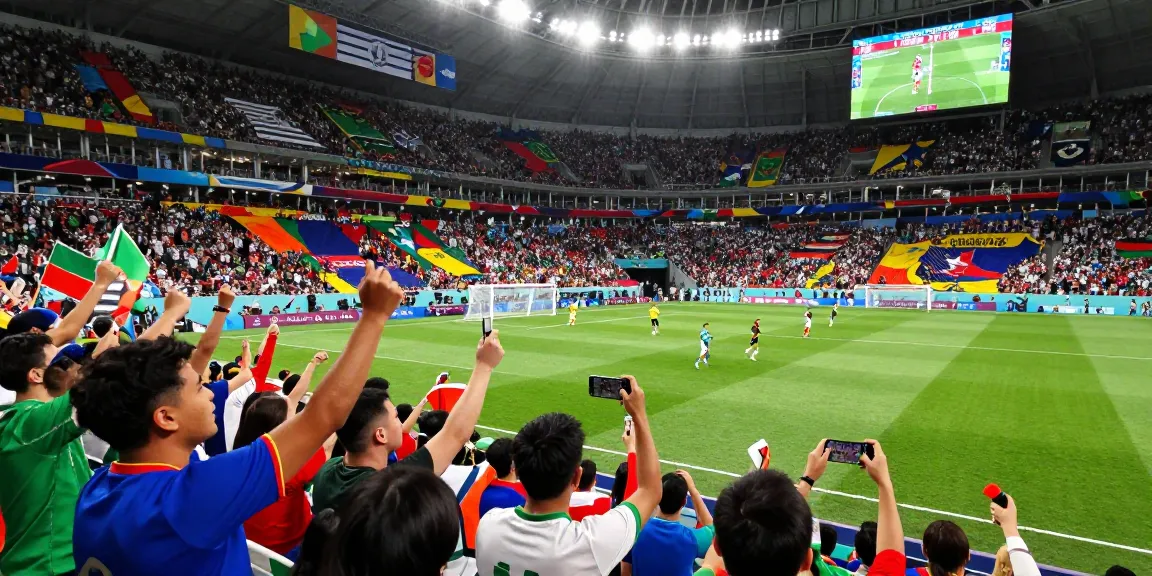 Événement du tirage au sort de la Coupe du Monde 2026 avec des fans enjoués célébrant dans un stade vibrant.