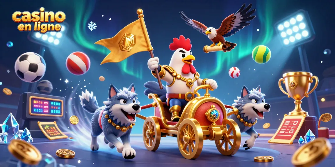 Avec casino en ligne, un roi coq guerrier conduit un chariot doré entouré d'éléments sportifs dynamiques.