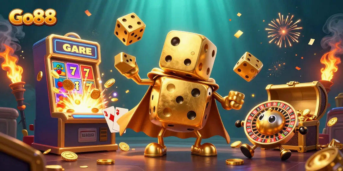 Experience thrilling casino action with Go88's vibrant 3D gold dice golem juggling jackpots and games.