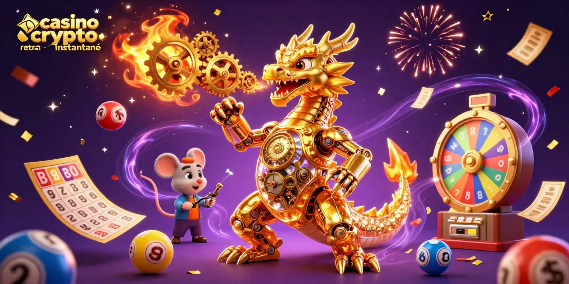 Le casino crypto retrait instantané en pleine action avec un dragon mécanique doré, des balles de loterie colorées et des effets de confettis.