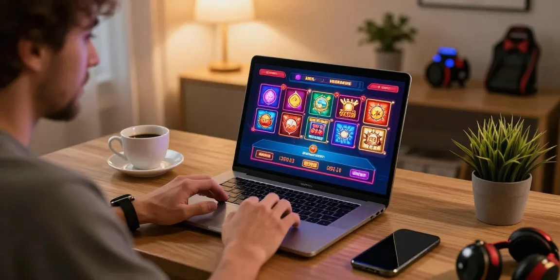 Découvrez l'expérience casino en ligne avec un joueur enthousiaste sur son ordinateur, entouré d'une ambiance moderne.