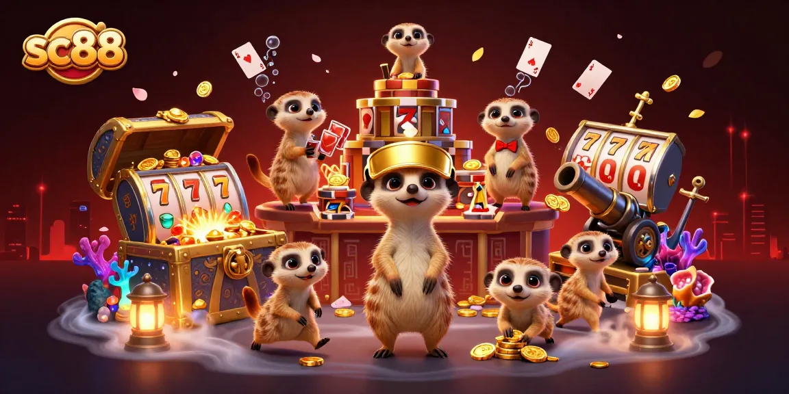 Engage with sc88's vibrant casino scene, featuring meerkats in action among dynamic gaming elements.