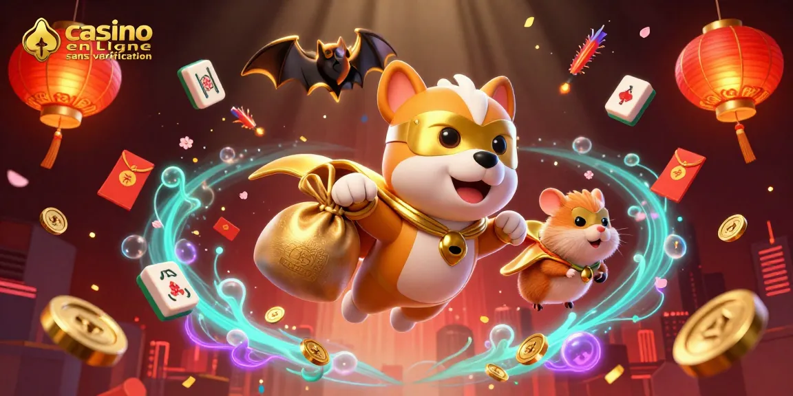 Découvrez le casino en ligne sans vérification avec un chien super-héros et un hamster, entourés de jetons et lanternes.
